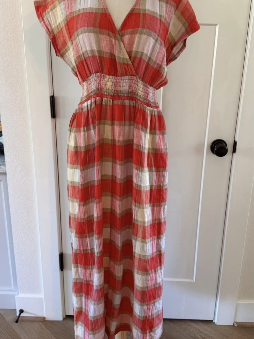Ace & Jig Red Plaid Maxi Dress with Smocked Waist